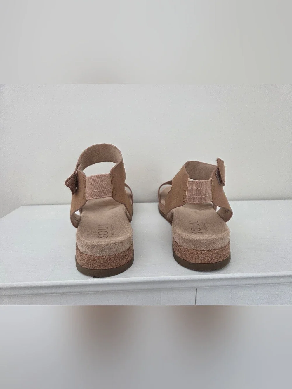 SOUL Naturalizer Neutral Tan Platform Sandal with Ankle Strap.